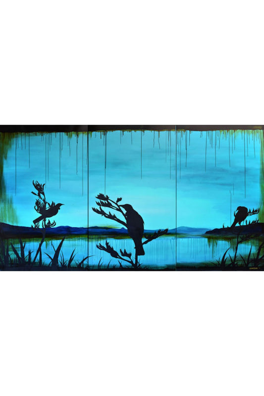 Silhouette art of Tuis on branches with a blue gradient background