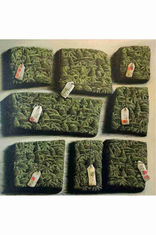 Set of green textured pouches with tags on a white background