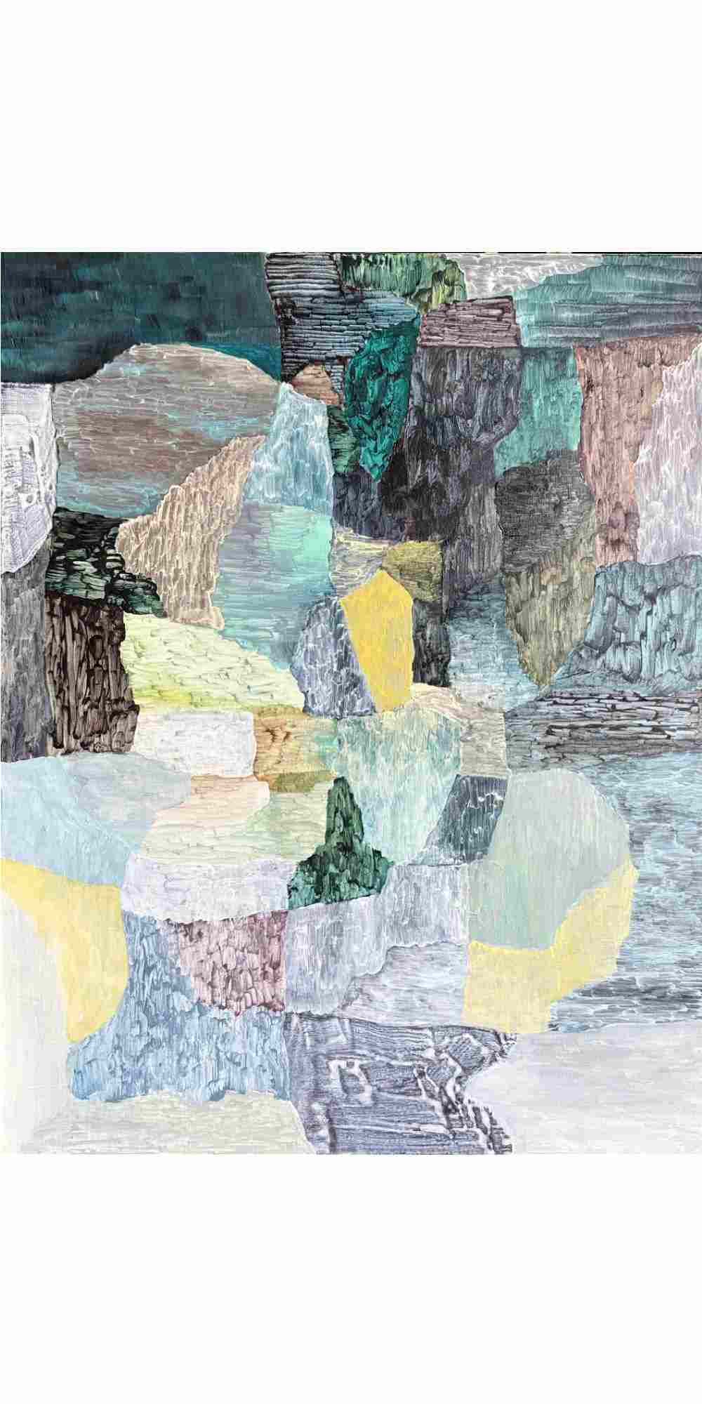 Abstract artwork with geometric shapes in various colors on a textured surface.