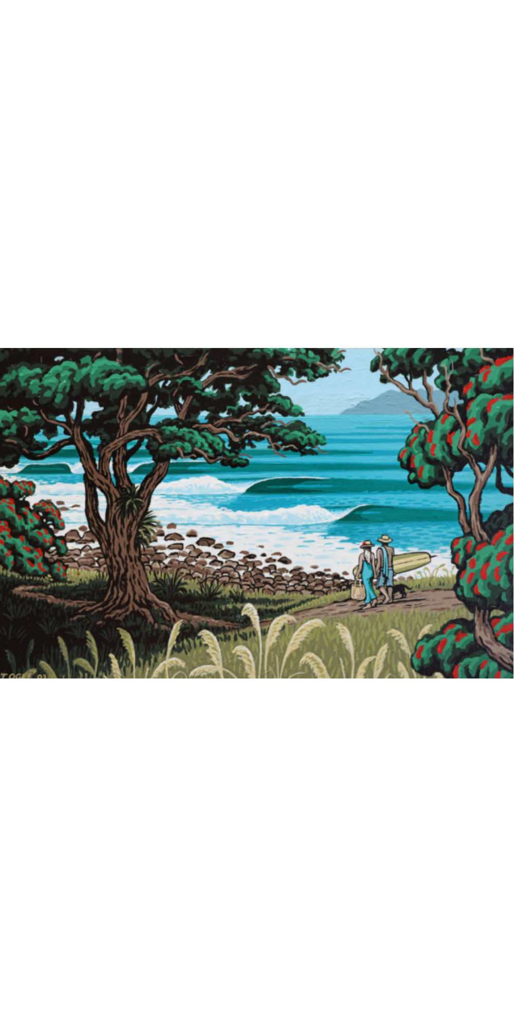 Scenic artwork of a coastal landscape with trees and people walking.