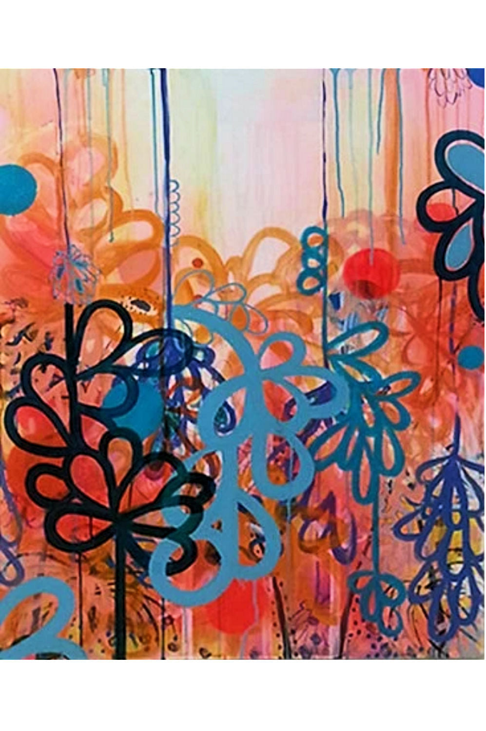 Abstract floral art print featuring layered stylized flowers in black, blue, and red-orange on a pastel pink, orange, and cream background with vertical paint drips.