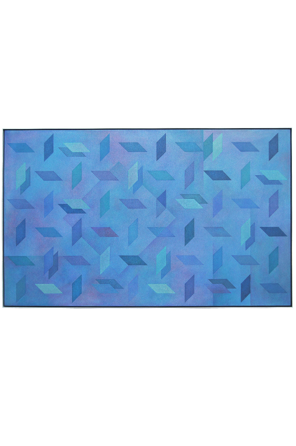 An abstract geometric area rug featuring a 3D isometric cube pattern in shades of blue, purple, and teal, shown flat against a white background.