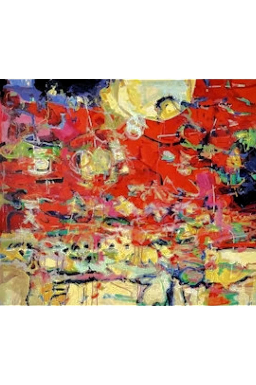 An abstract painting featuring a vibrant red and yellow composition with expressive brushstrokes and splashes of blue, green, and white.