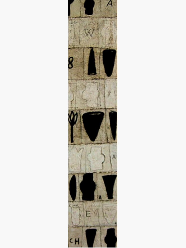 A narrow vertical strip of patterned wallpaper or fabric featuring a beige background with black and off-white botanical motifs, letters, and small decorative elements.