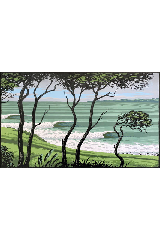 Artistic depiction of trees by a coastal scene with greenery and water.
