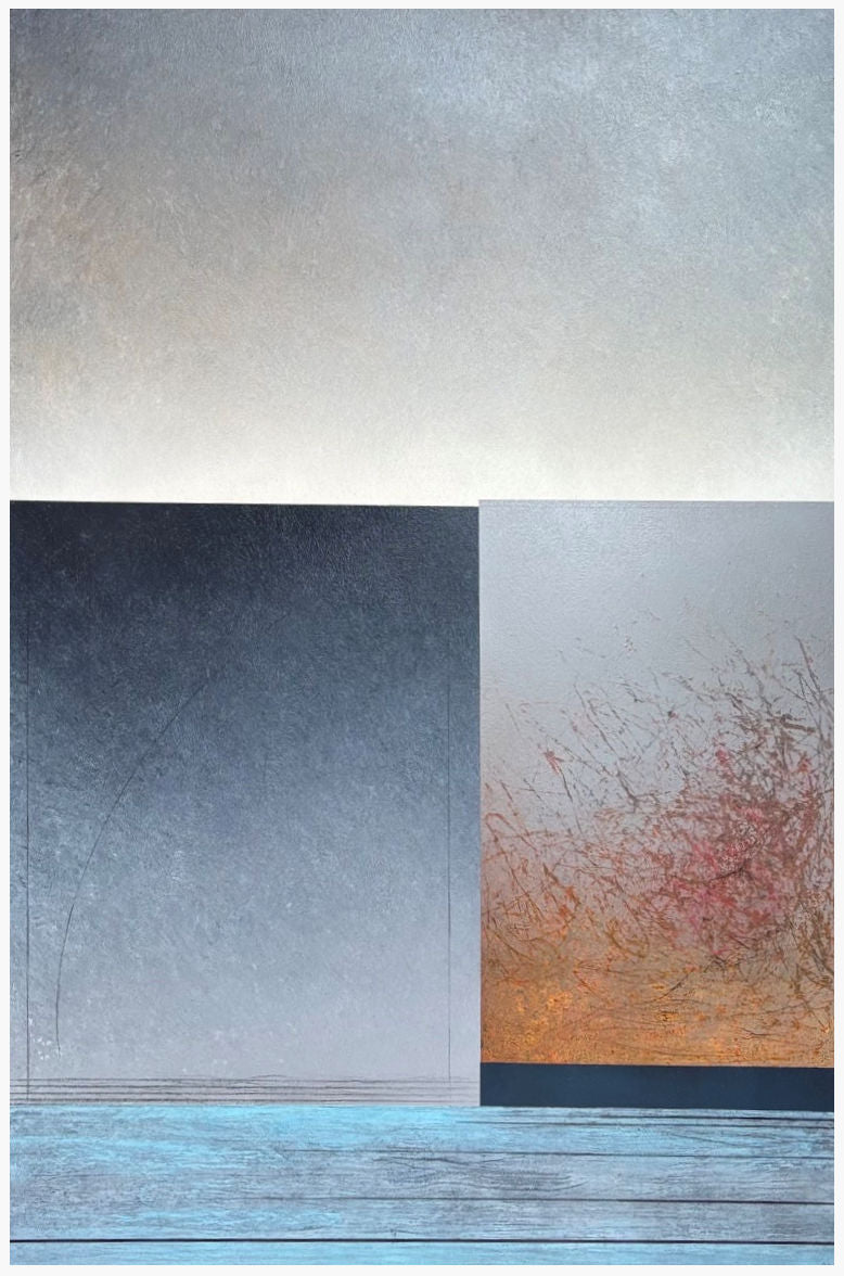 An abstract landscape-style artwork with a textured light gray sky, a dark blue-gray vertical block on the left, a pale gray panel with pink and orange on the right, and a blue ground plane at the bottom.