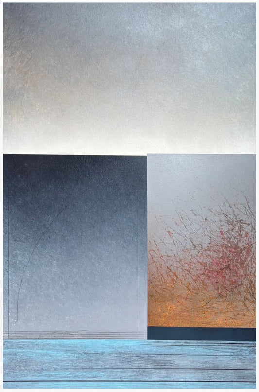 An abstract landscape-style artwork with a textured light gray sky, a dark blue-gray vertical block on the left, a pale gray panel with pink and orange on the right, and a blue ground plane at the bottom.