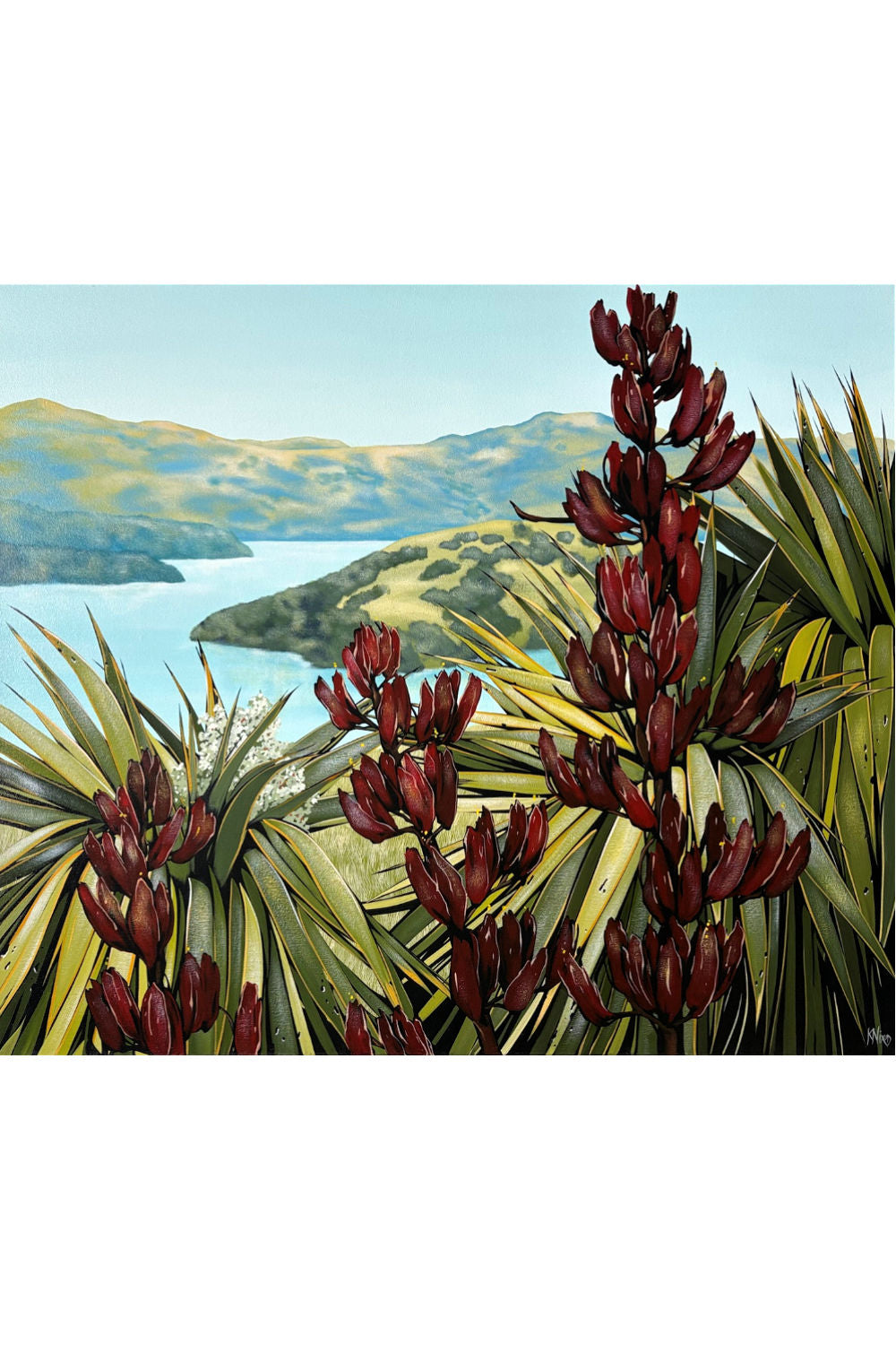 A landscape painting of Banks Peninsula New Zealand featuring dark red aloe flowers in the foreground with rolling green hills and the sea in the background.