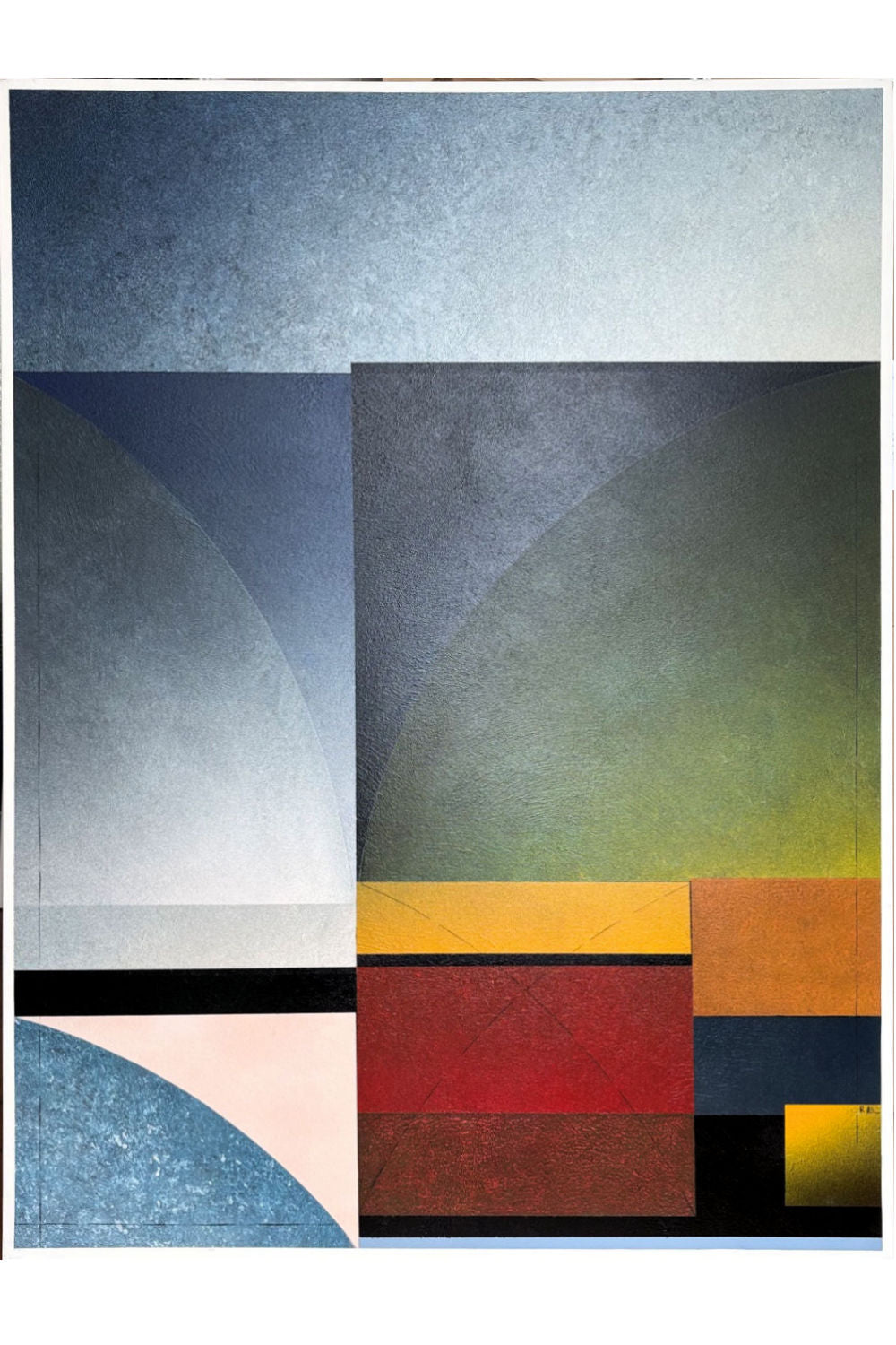 An abstract geometric art print featuring blocks of blue, gray, green, yellow, red, orange, and black, with textured paint-like surfaces.