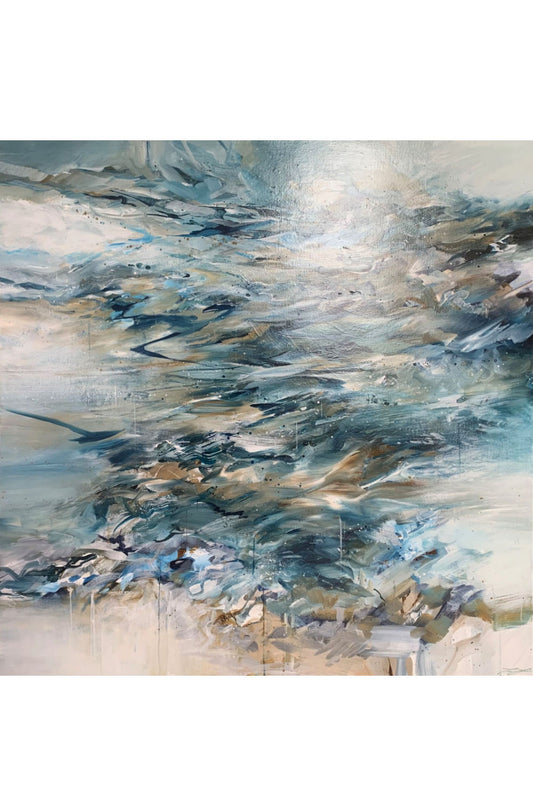 An abstract canvas painting featuring textured brushstrokes in shades of blue, gray, beige, and white, depicting a flowing, wave-like composition.