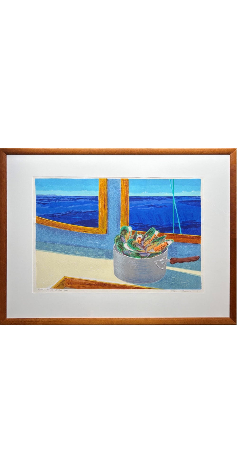 A framed art print depicting a still life scene with a silver pot of NZ green lipped mussels , set against a boat window and blue ocean background, enclosed in a white mat and a warm brown wooden frame.