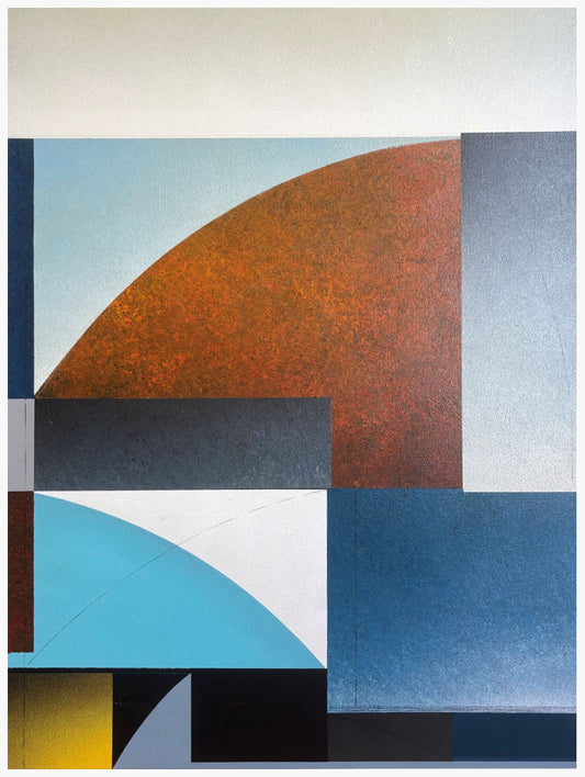 An abstract geometric painting featuring a textured rust-orange semicircle, blue and gray blocks, a white curved section, and a small yellow segment on a white background.
