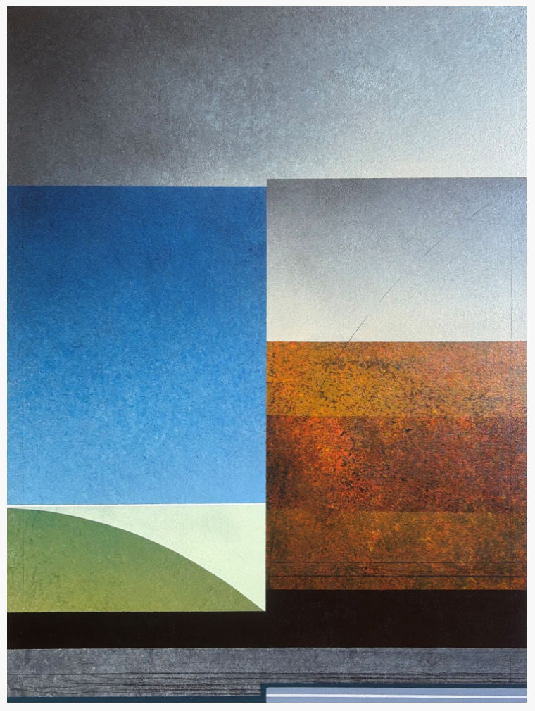 An abstract landscape art print featuring geometric blocks of blue sky, green hill, rust-colored fields, and a dark horizon line.