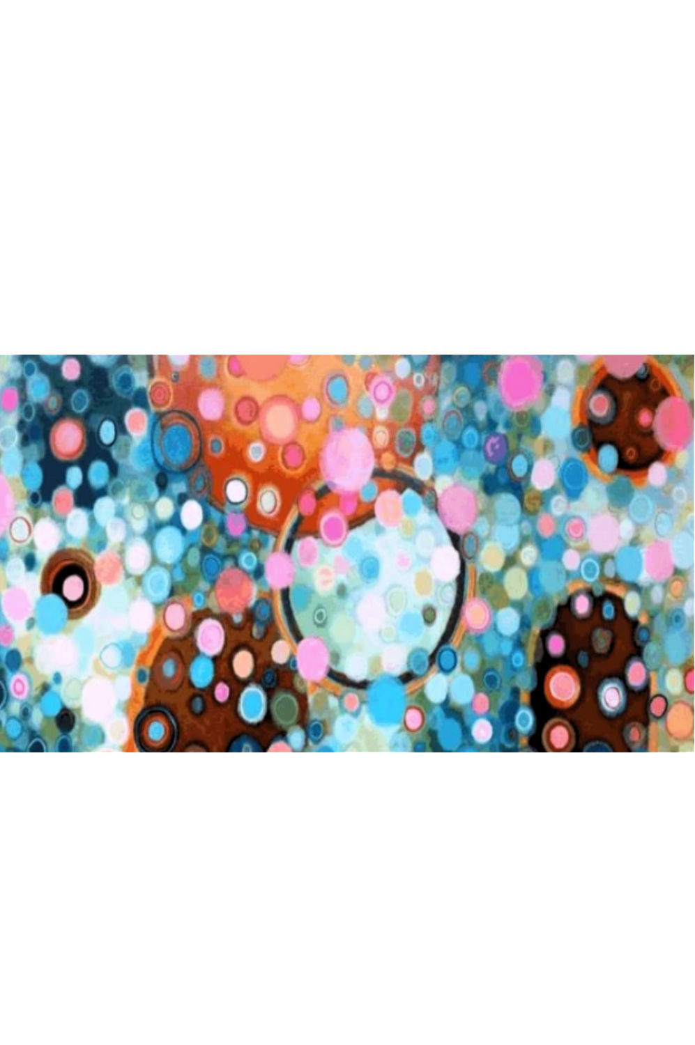 Abstract art print featuring a dense pattern of overlapping circles and dots in vibrant shades of blue, pink, orange, brown, and white.