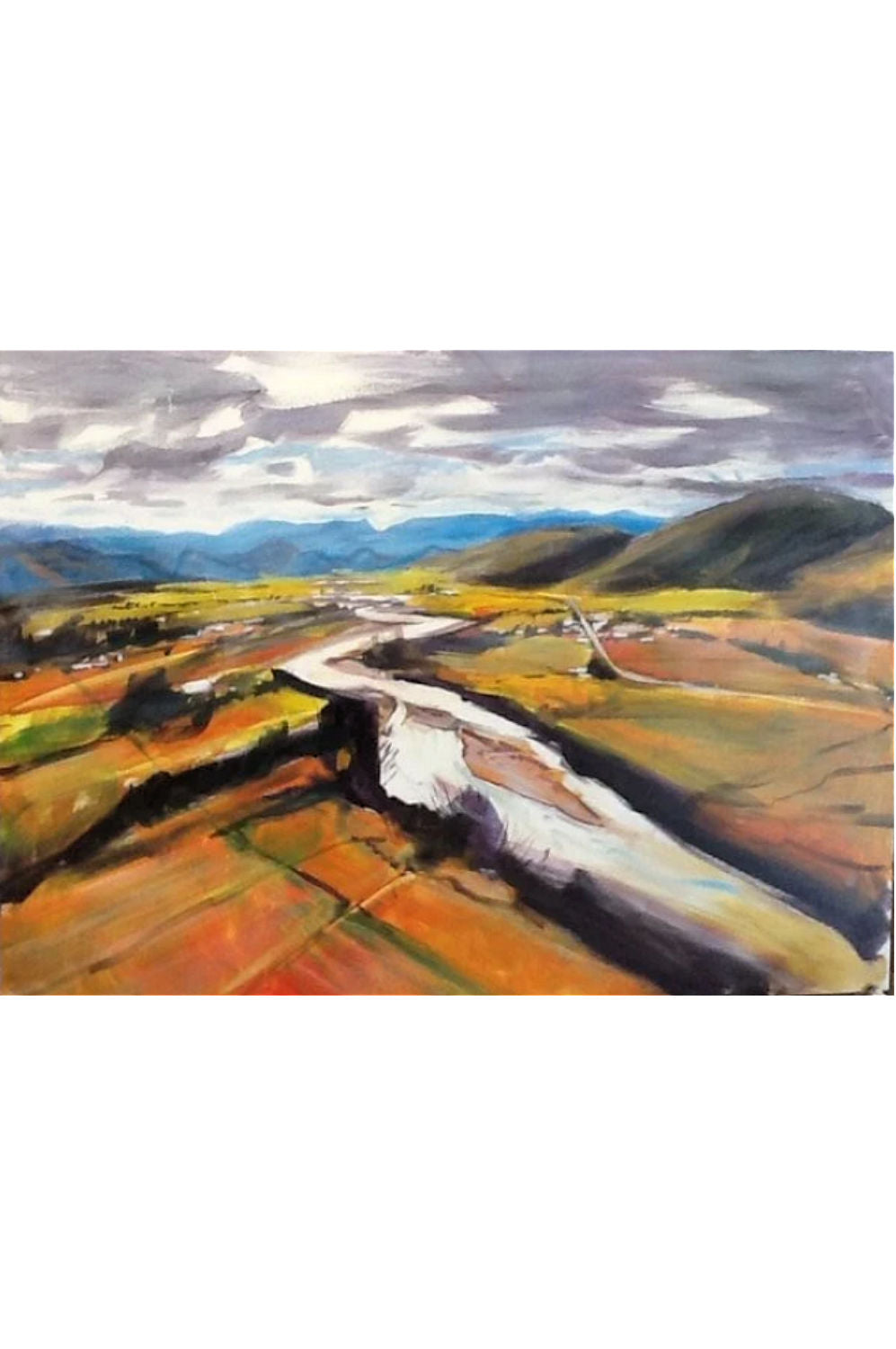 An impressionistic landscape painting of Buller River winding river flowing through a valley with hills, mountains, and a cloudy sky. The artwork features a rich palette of earthy tones including orange, brown, green, blue, and white.