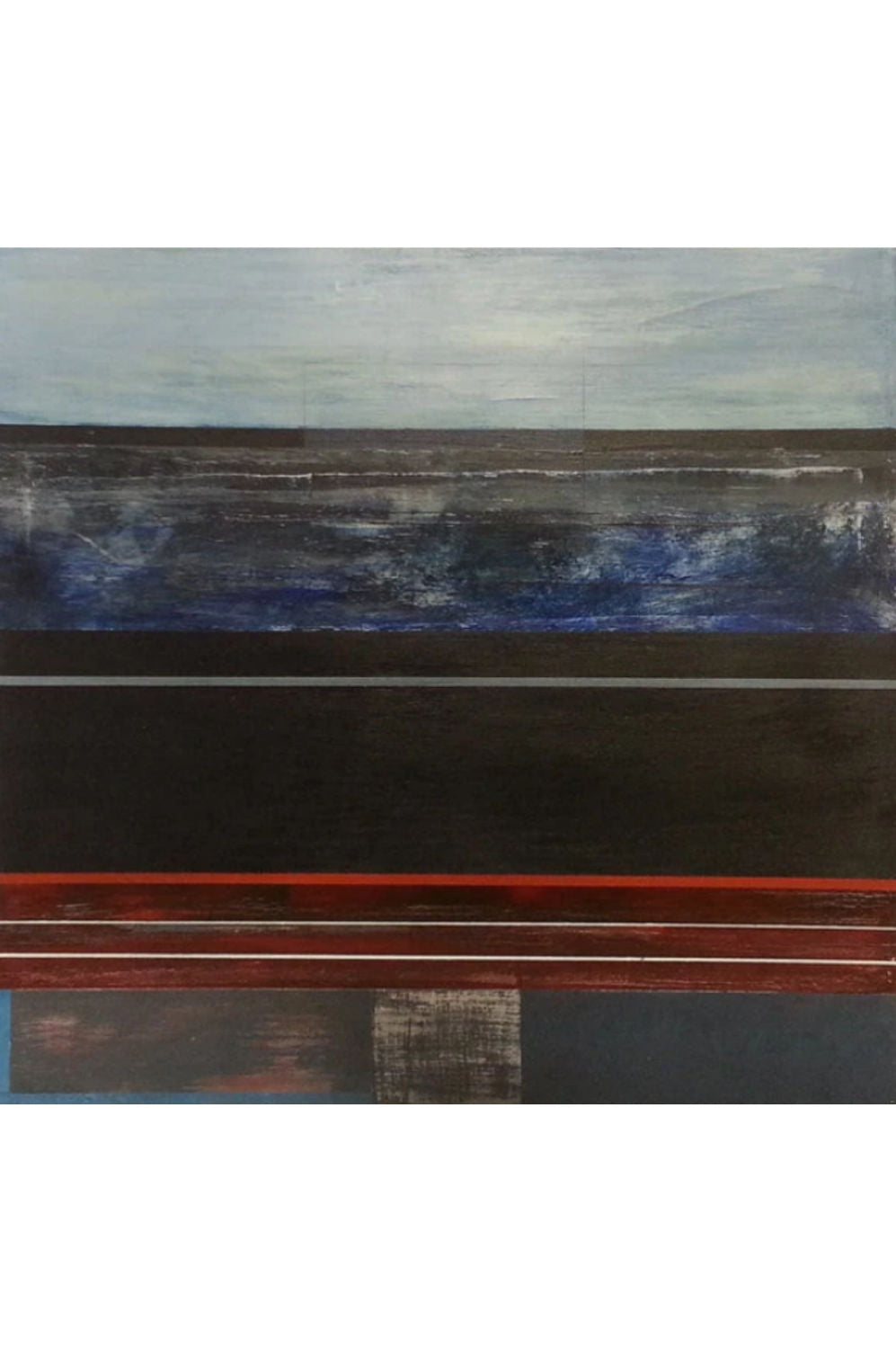 An abstract landscape painting featuring a dark, textured horizon with deep blue and white waves, a light gray sky, and bold horizontal red and black bands at the bottom.