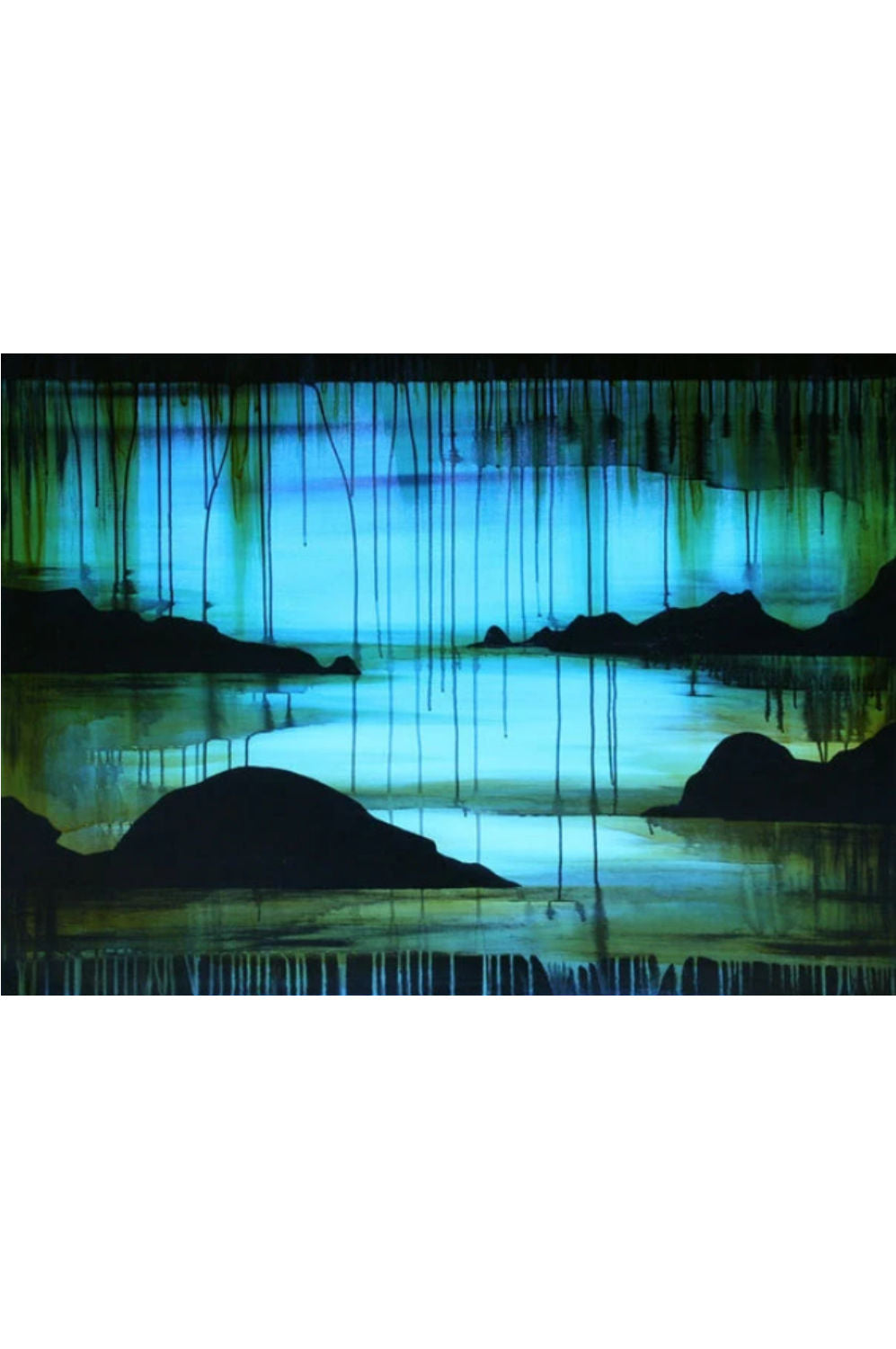 An abstract landscape painting featuring a glowing blue and green water scene with dark black silhouettes of hills and mountains, framed by white margins at the top and bottom.