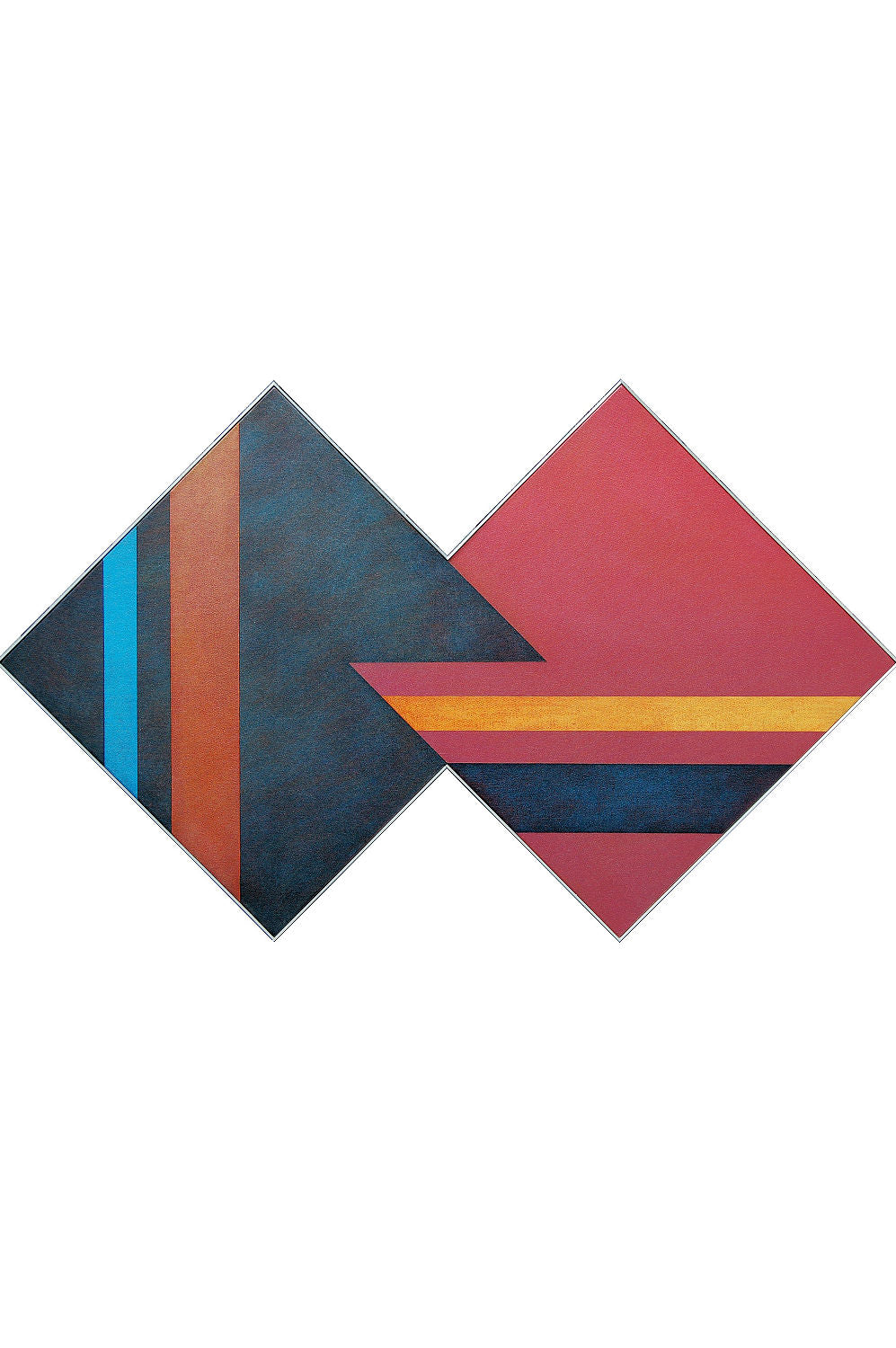 Two diamond-shaped abstract canvas art pieces with geometric stripes in red, blue, orange, and yellow, displayed side-by-side against a plain white background.