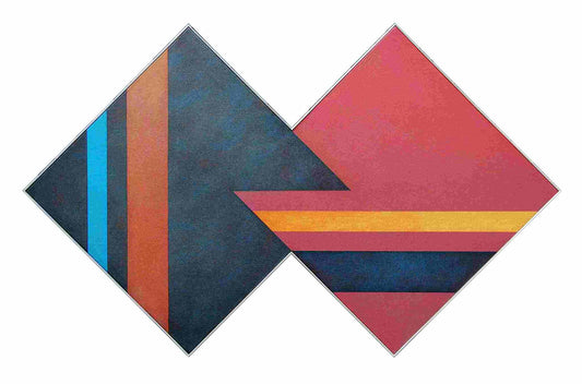 Geometric abstract art piece with intersecting shapes in red, blue, and orange.