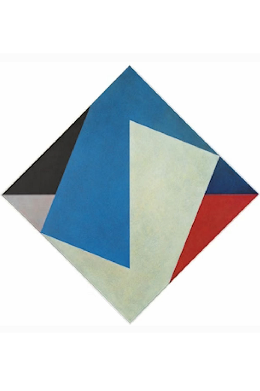 A geometric abstract wall art piece featuring overlapping color blocks in blue, off-white, red, black, and gray, arranged in a diamond-like orientation on a plain white background.
