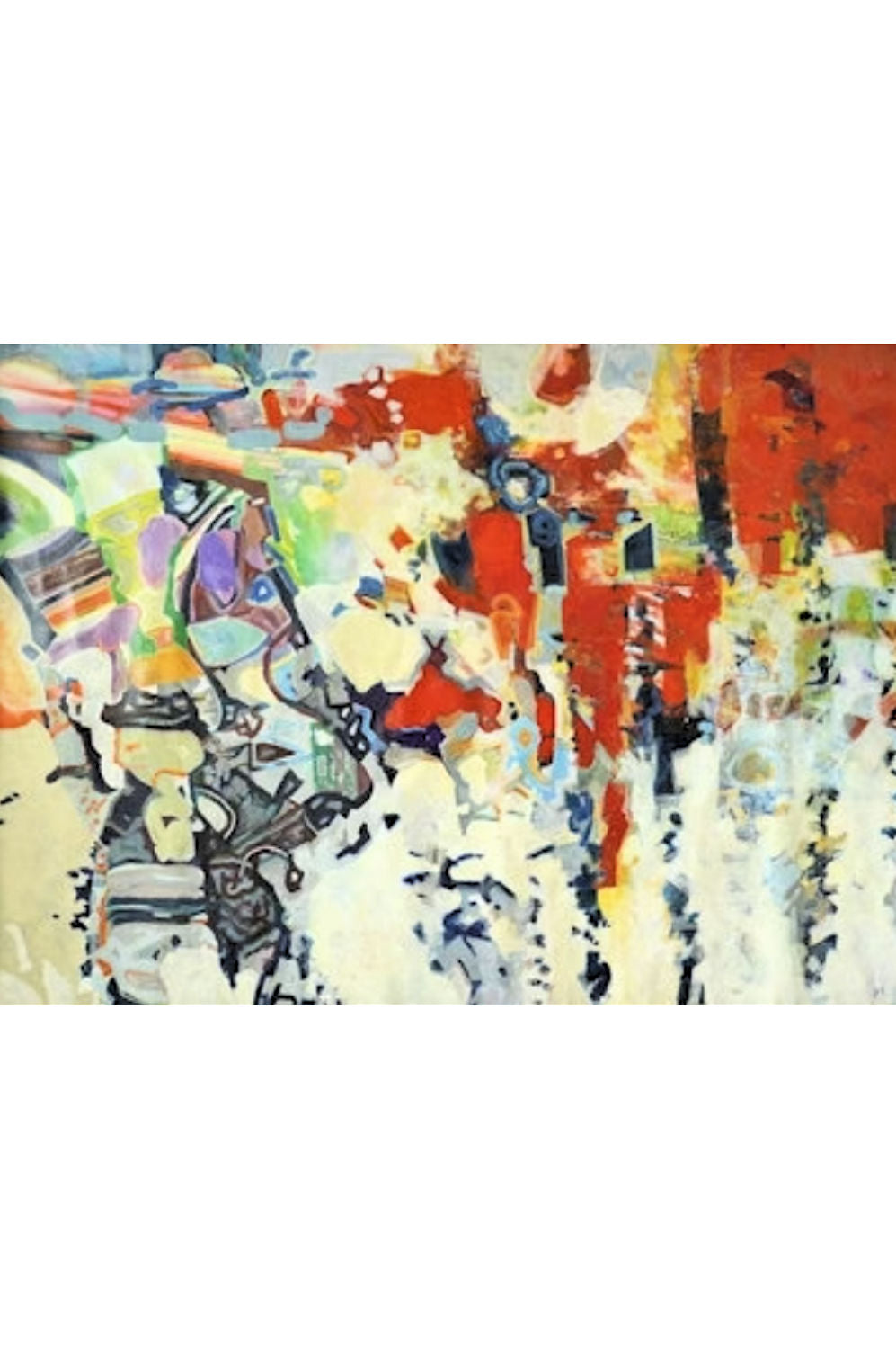 An abstract canvas painting featuring a dynamic composition of red, orange, white, black, and green brushstrokes and gestural marks.