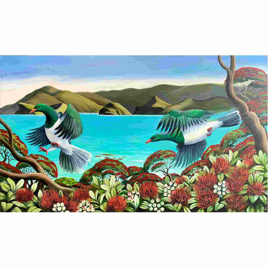 Two Keruru birds flying over a scenic landscape with mountains and water.