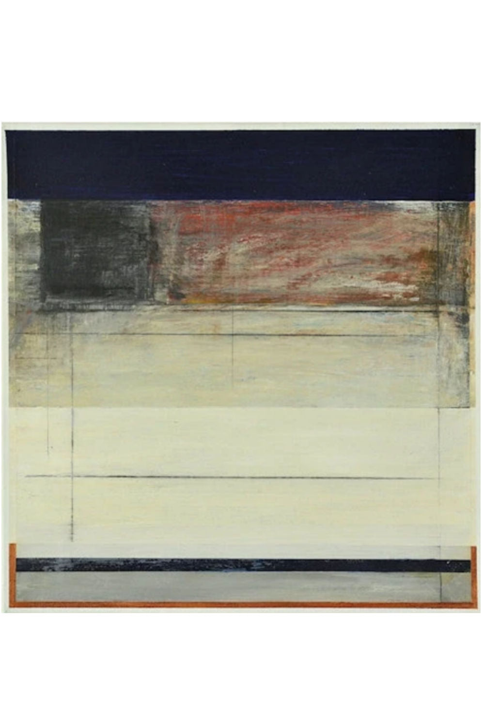 An abstract framed painting with horizontal bands of dark navy, charcoal, rust red, cream, and light gray, presented against a white background.