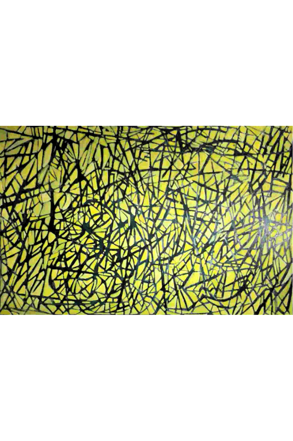 An abstract painting featuring a dense, chaotic pattern of black scribbled lines on a bright yellow background, presented horizontally with white margins above and below.