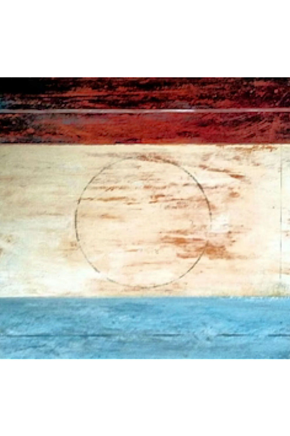 A square abstract artwork featuring horizontal bands of dark reddish-brown, textured cream, and light blue, with a faint circular line drawn in the center.