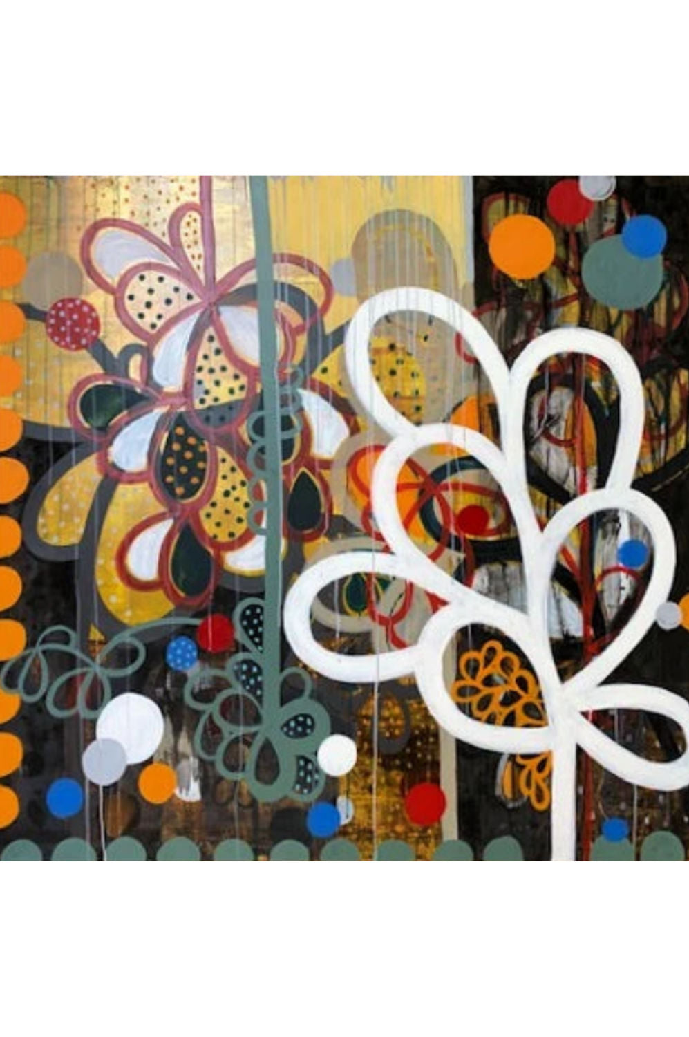Abstract floral painting with layered botanical motifs, including a large white leaf-like flower on the right and a multicolored flower on the left, set against a textured background of gold, black, brown, and orange with colorful dots and circular accents.