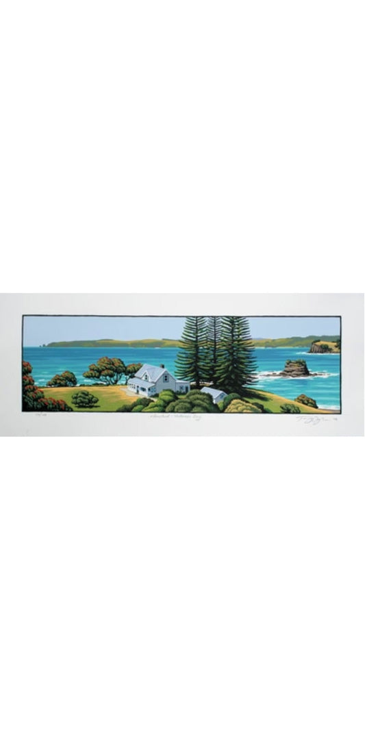 Artwork of a scenic landscape with a house, trees, and water in Matheson Bay NZ.