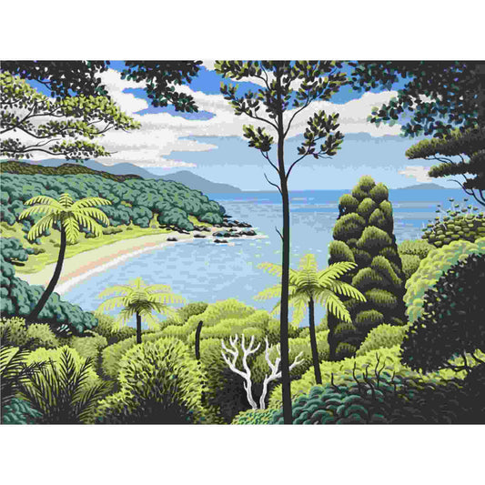 NZ landscape with lush greenery, trees, and a body of water.