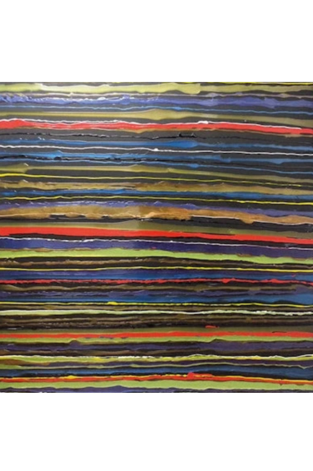 An abstract horizontal striped artwork with layered bands of black, blue, olive green, yellow, red, and brown, presented against a white background.