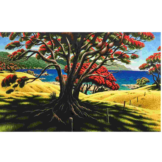 Painting of a Pohutukawa tree with its red flowers in a landscape with water and mountains.