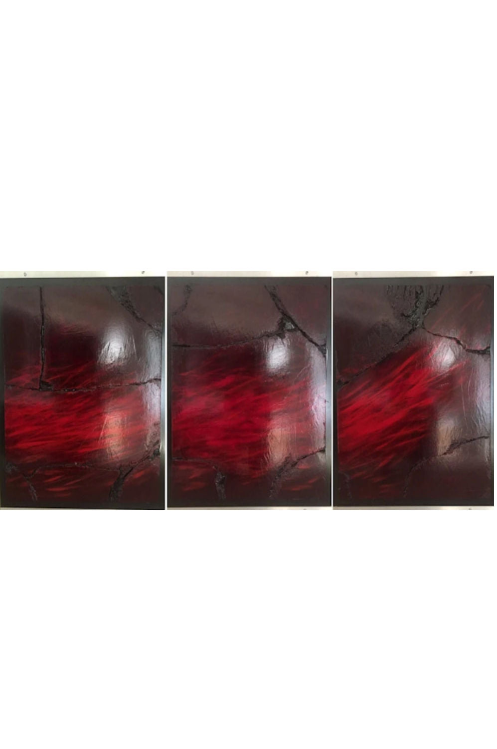 A three-panel abstract wall art set featuring glossy dark brown and deep red marbled patterns with black veining, displayed against a plain white background.
