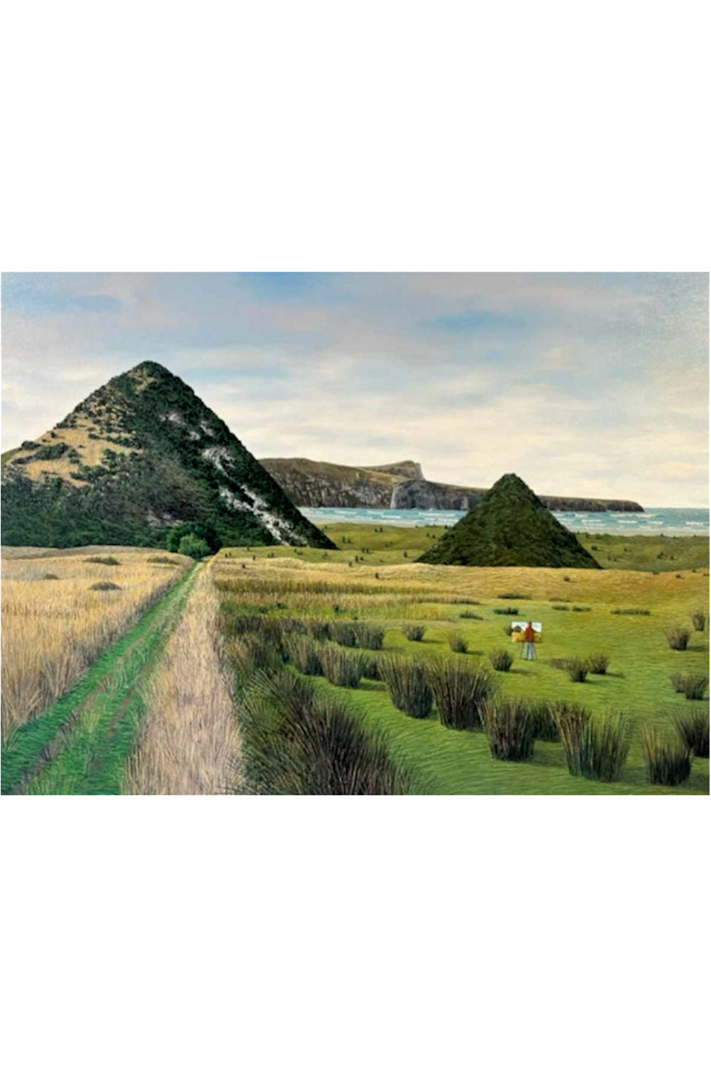 A landscape painting depicting a grassy field with two prominent dark green conical hills, a dirt path in the foreground, and a body of water under a cloudy sky.