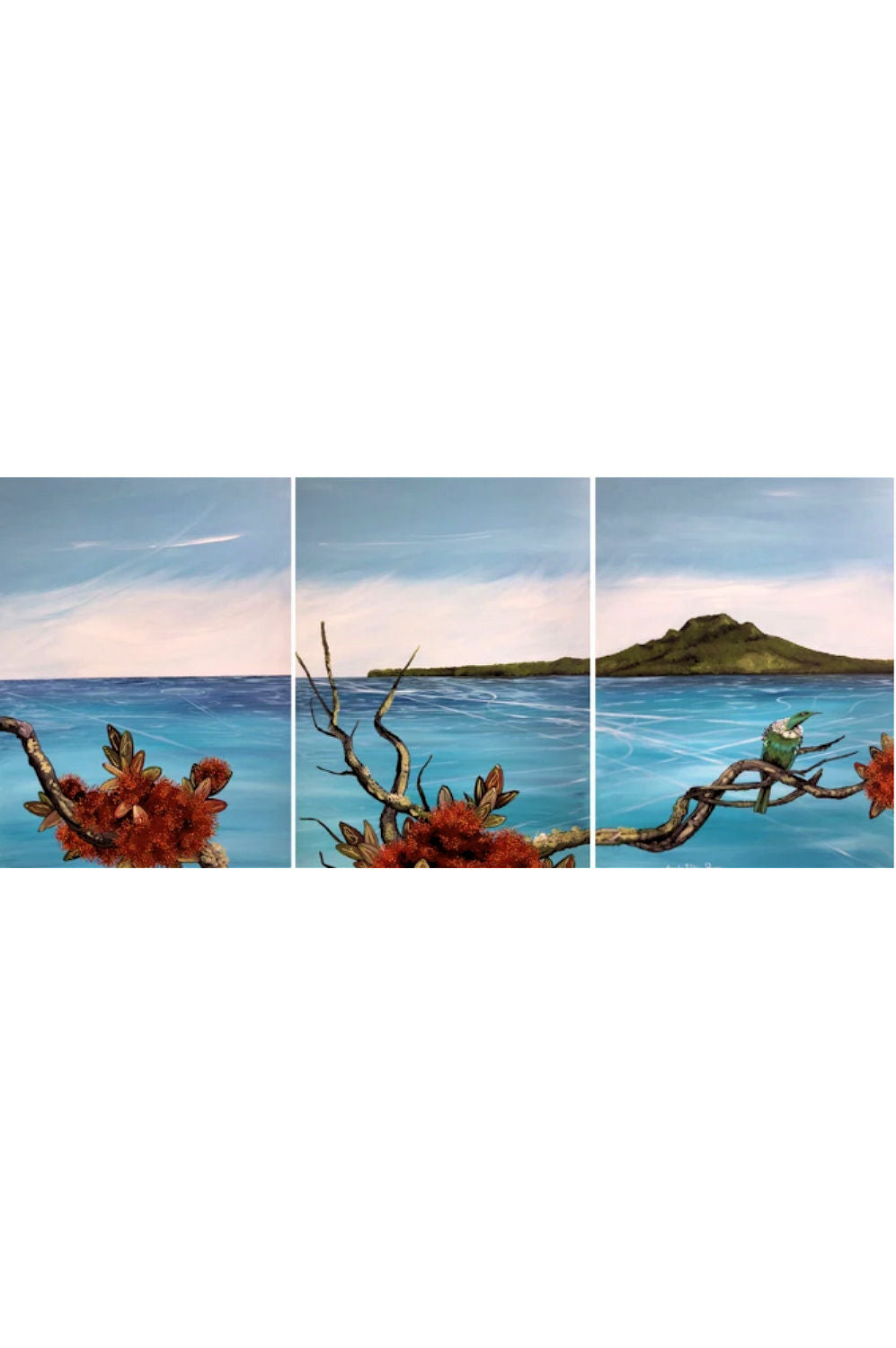 A three-panel canvas wall art print depicting a rangitoto island  scene with blue water, a distant green island, and red-orange flowers in the foreground.
