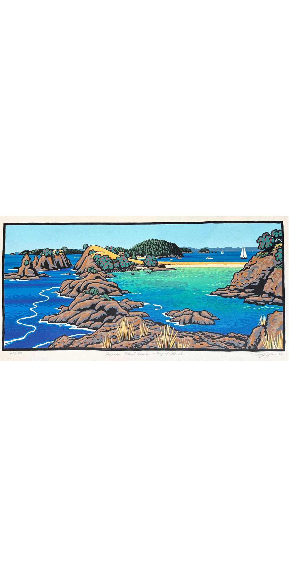 Scenic painting of a coastal landscape with rocky shores and a sailboat.