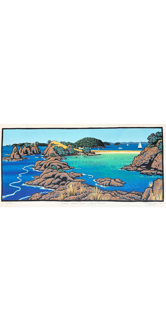 Scenic painting of a coastal landscape with rocky shores and a sailboat.