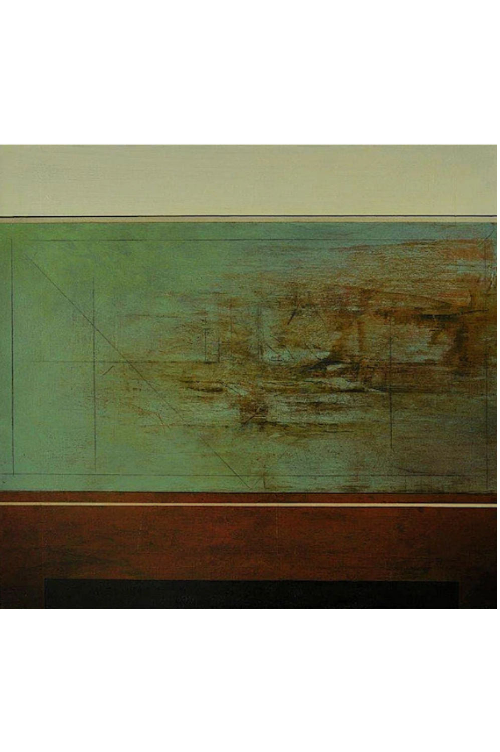 An abstract painting featuring a textured green and brown landscape-like composition with a dark brown band at the bottom, shown against a white background.