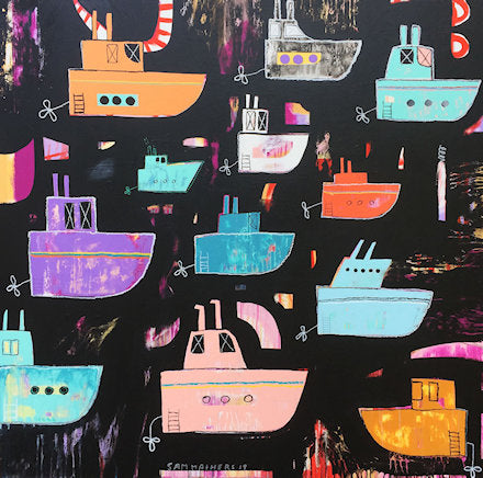 A Sea of Psychedelic Boats heading East Except One