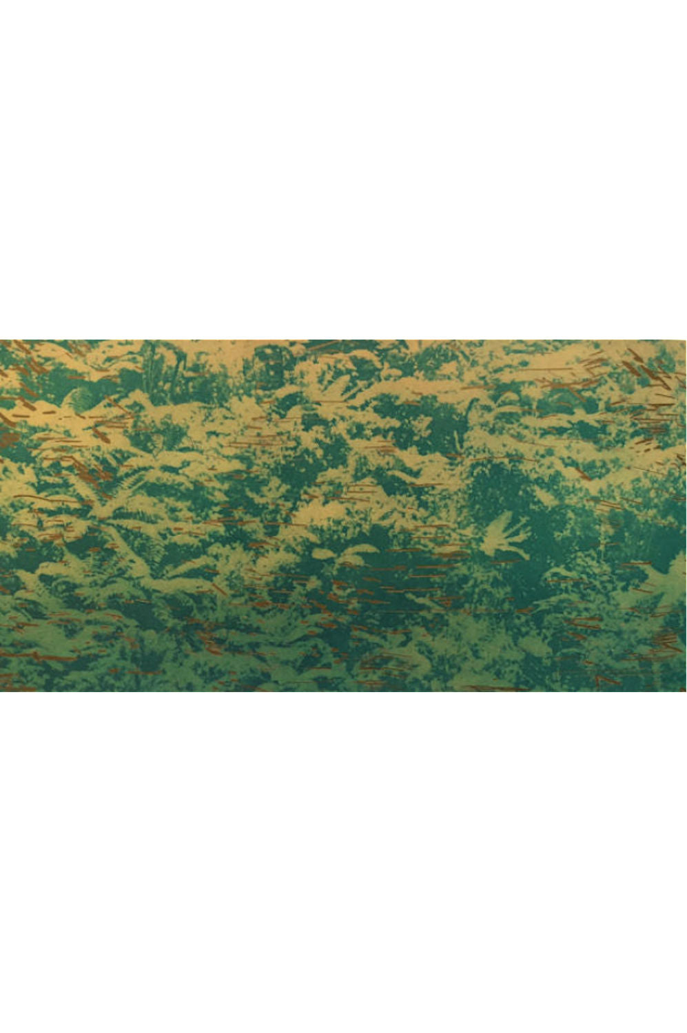 A rectangular fabric or wallpaper sample with an abstract botanical pattern in green and gold, centered on a white background.