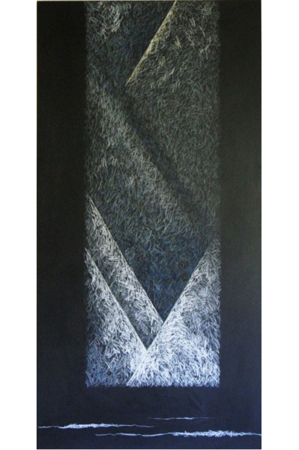 An abstract vertical artwork featuring textured geometric shapes in black, gray, and white, resembling layered architectural forms or a stylized landscape.
