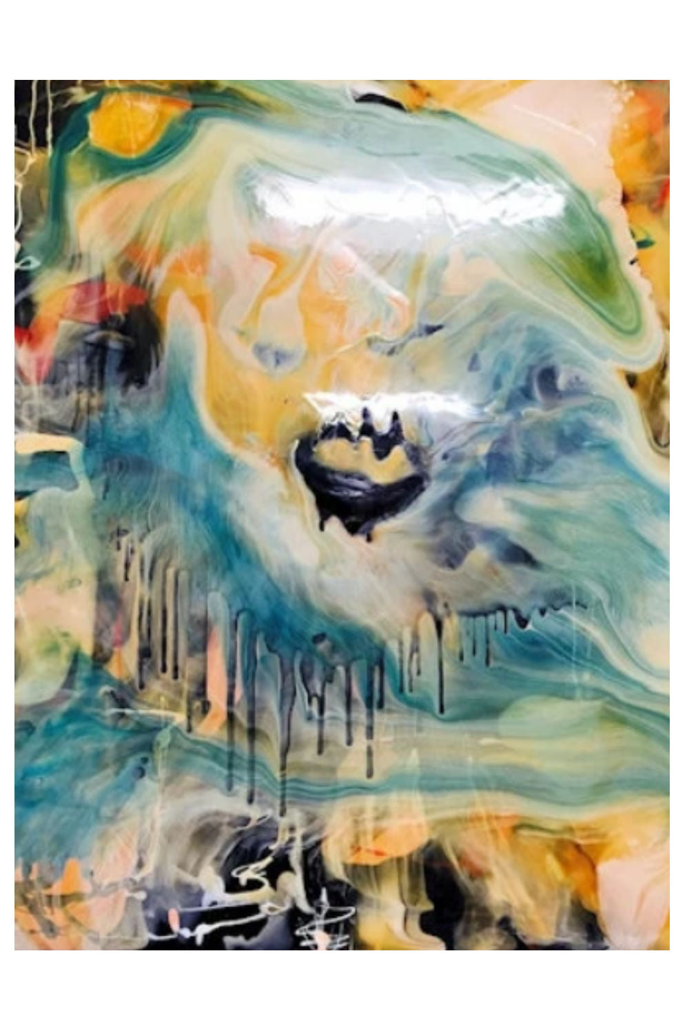 Abstract painting featuring a stylized face with dripping paint details, rendered in shades of teal, yellow, orange, black, and white.