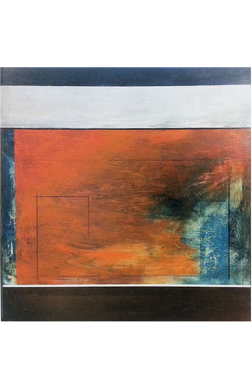 An abstract painting featuring a large textured orange and red central field, bordered by a wide white band at the top, a dark navy stripe at the very top, a dark brown base at the bottom, and blue-green textured areas along the sides.