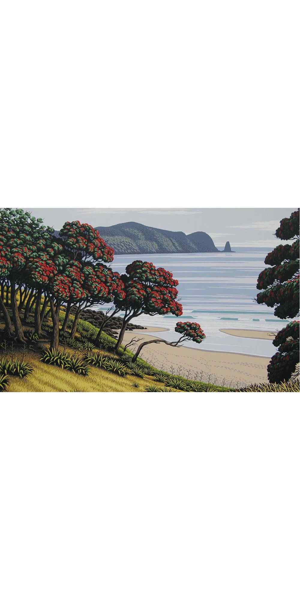 Scenic painting of a coastal landscape with trees, beach, and mountains.
