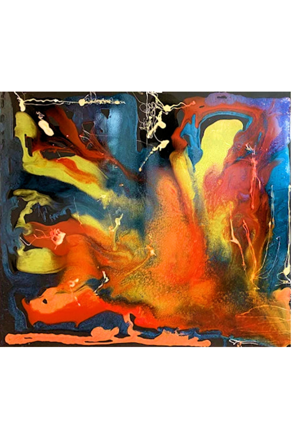 An abstract painting featuring a dynamic blend of vibrant orange, yellow, red, blue, and black paint with splatters and drips.
