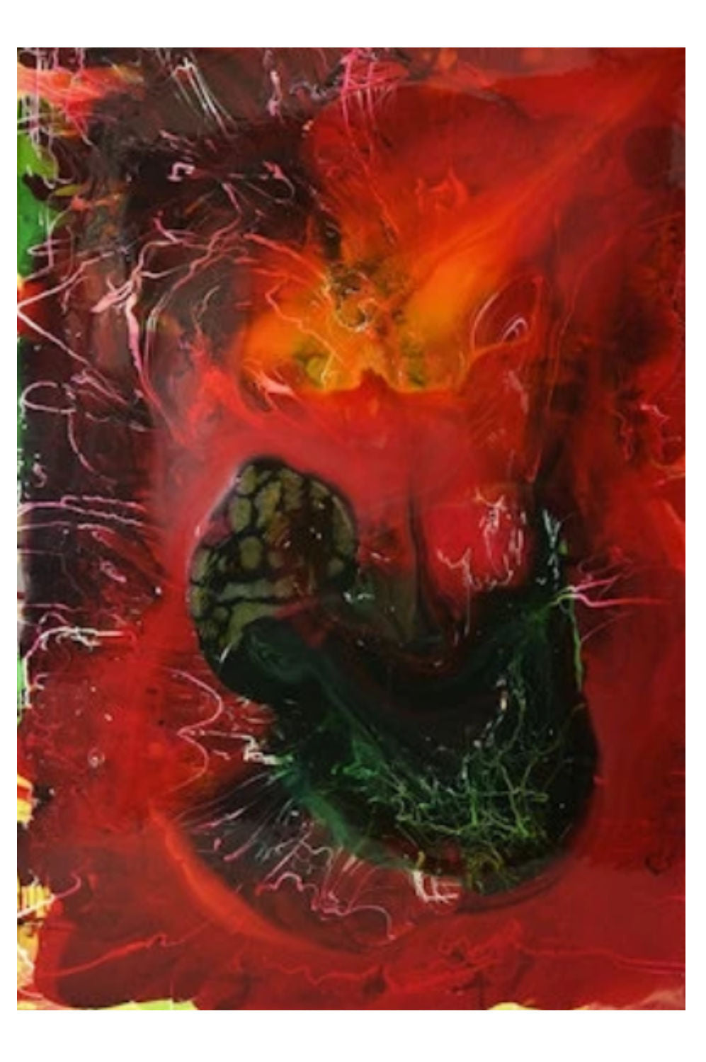 Abstract fluid art painting featuring a dynamic composition of vibrant red, fiery orange, deep green, and black with organic splatters and marbled textures.