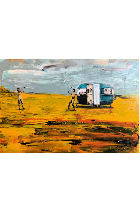 An expressive painting of two people standing in a wide yellow-orange landscape beside a small blue and white trailer, under a cloudy gray sky. The artwork fills the central area with white margins above and below.