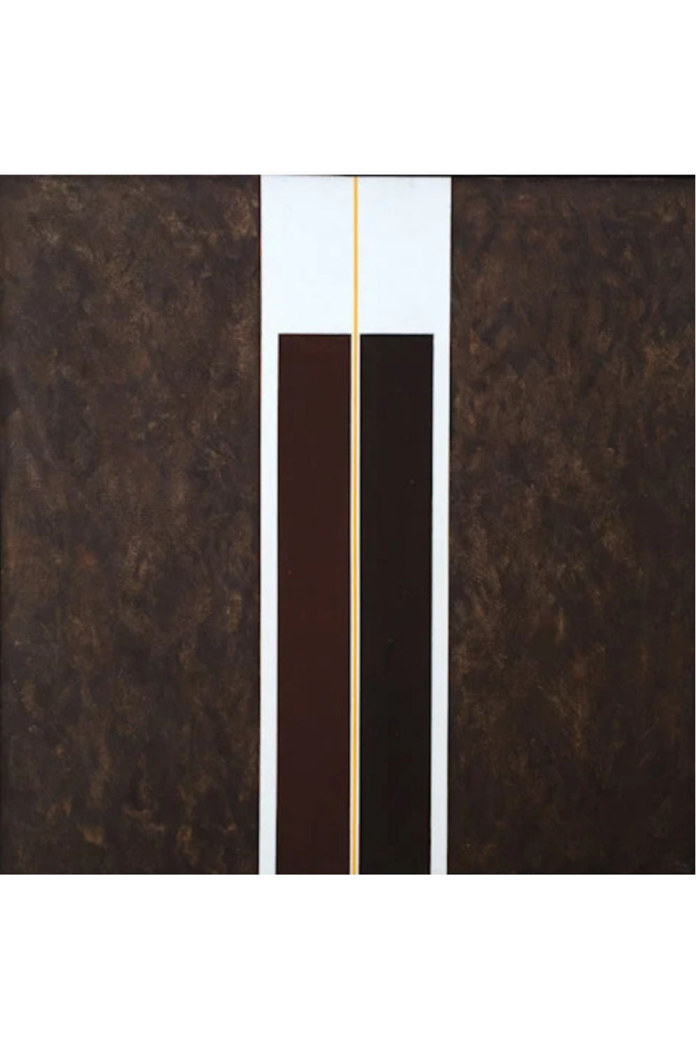 An abstract rectangular artwork with two large dark brown textured side panels, a central white vertical band, and two dark brown rectangular sections in the middle separated by a thin gold line.